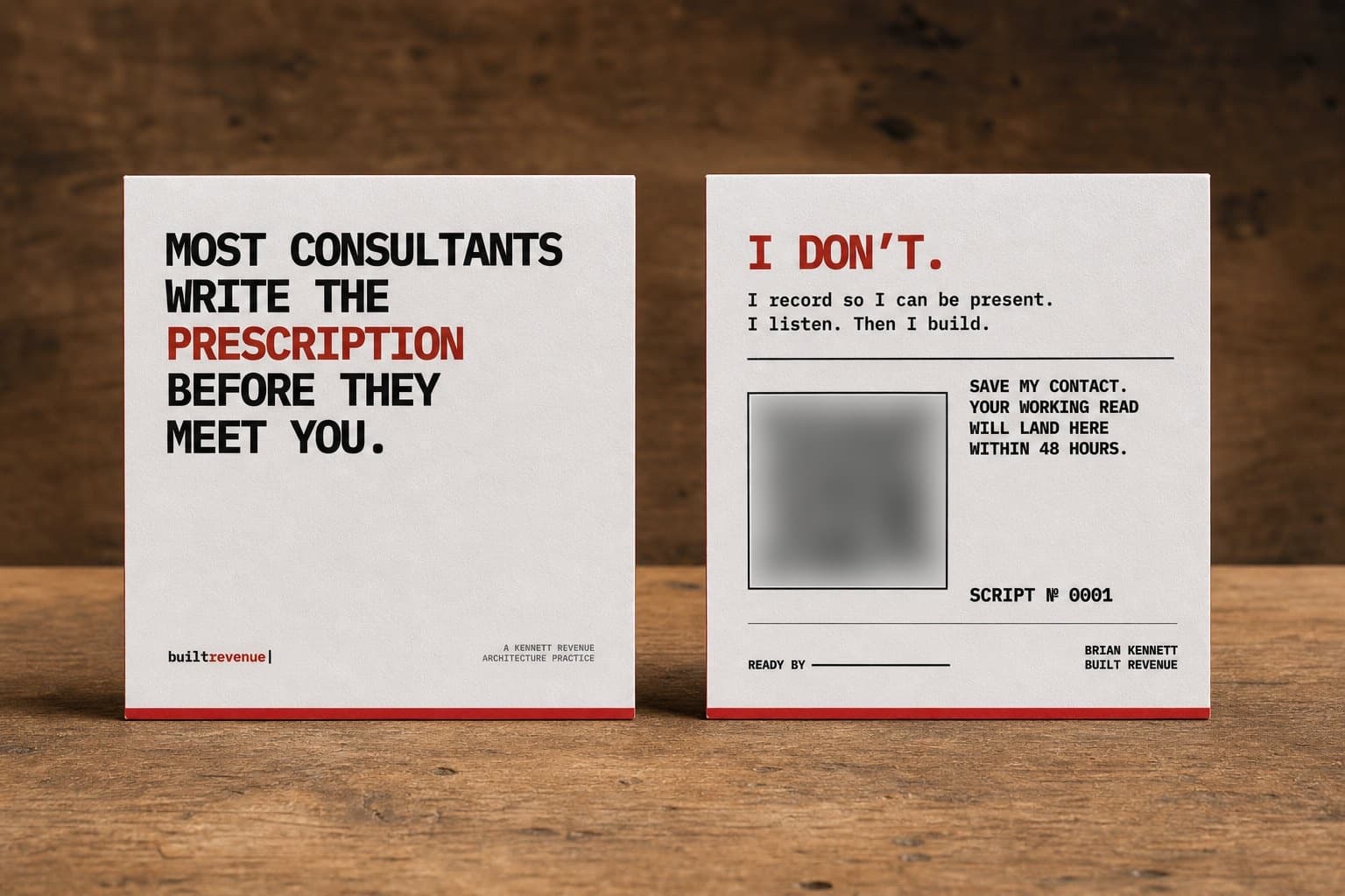 The printed Built Revenue card, with a place to write when a personal follow-up will be ready